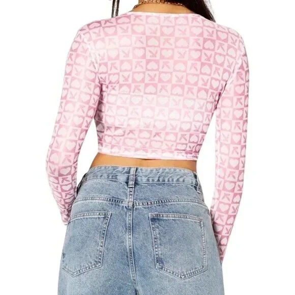PLAYBOY Pastel Pink Logo Checkered Long Sleeve Crop Top - Picture 2 of 7